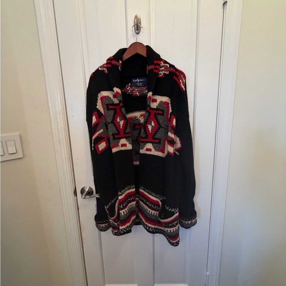 Vintage Ralph Lauren Wool Hand Knit Cardigan in Black, Red, and Cream